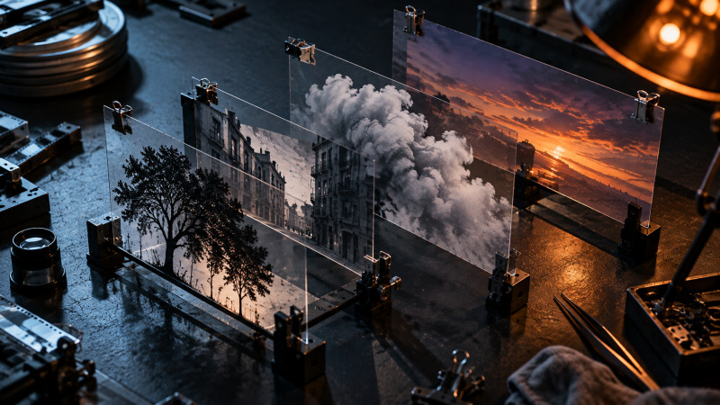 Elementos fotográficos separados sobre una mesa de revisión que representan las fuentes de una composición digital