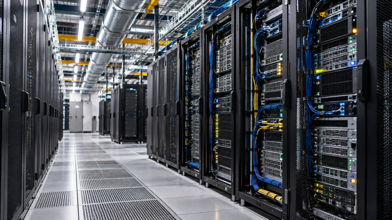 Equipos de servidores y sistemas de refrigeración en una instalación de procesamiento de datos
