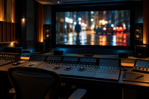Sala profesional de etalonaje con monitor cinematográfico y paneles físicos de control