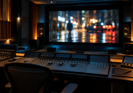 Sala profesional de etalonaje con monitor cinematográfico y paneles físicos de control