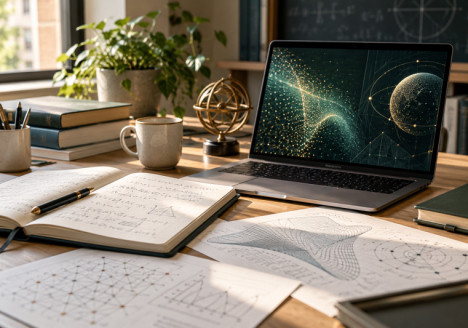 Mesa de investigación con ecuaciones matemáticas, gráficos científicos y un ordenador que representa el uso de inteligencia artificial en la ciencia