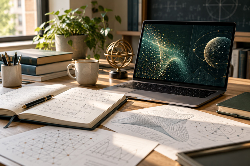 Mesa de investigación con ecuaciones matemáticas, gráficos científicos y un ordenador que representa el uso de inteligencia artificial en la ciencia