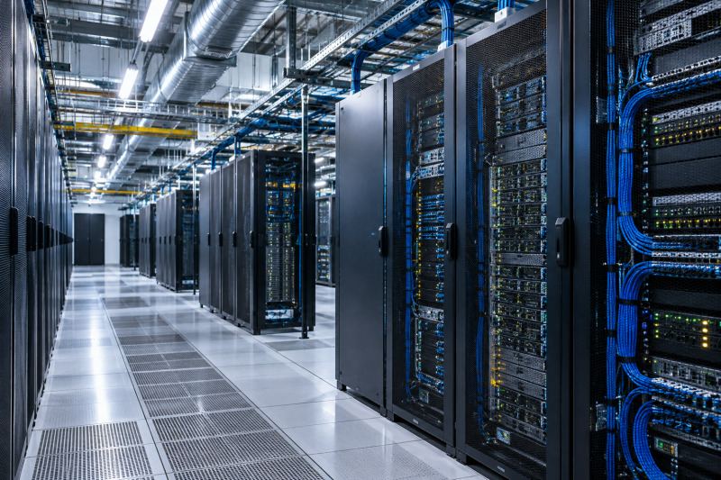 Pasillo de un centro de datos moderno con servidores y sistemas de refrigeración que sostienen los servicios de inteligencia artificial