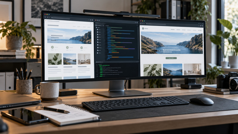 Flujo de desarrollo de una página WordPress en un entorno de pruebas con ordenador y vista previa web