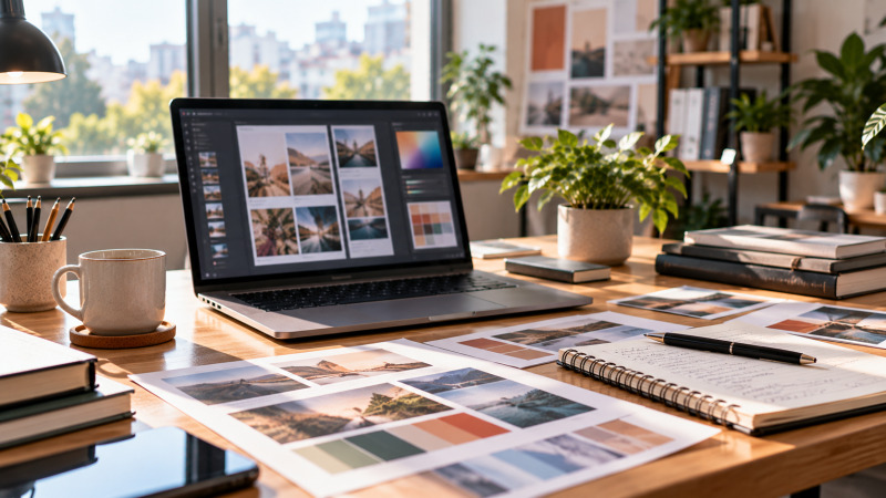Documentos impresos y ordenador portátil en una mesa de trabajo de diseño editorial