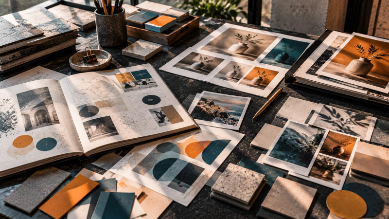 Materiales impresos de investigación, muestras de identidad visual y fotografías de producto sobre una mesa de trabajo