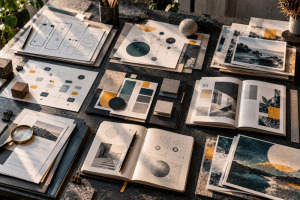 Mesa de trabajo tecnológica con tarjetas abstractas que representan diseño de interfaces, investigación, automatización y creación visual con inteligencia artificial