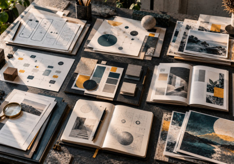 Mesa de trabajo tecnológica con tarjetas abstractas que representan diseño de interfaces, investigación, automatización y creación visual con inteligencia artificial