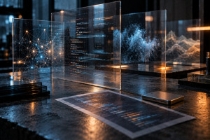 Archivo HTML representado como una pieza de código junto a paneles abstractos de distintos modelos de inteligencia artificial
