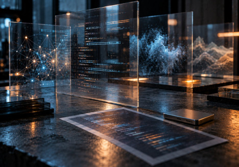 Archivo HTML representado como una pieza de código junto a paneles abstractos de distintos modelos de inteligencia artificial
