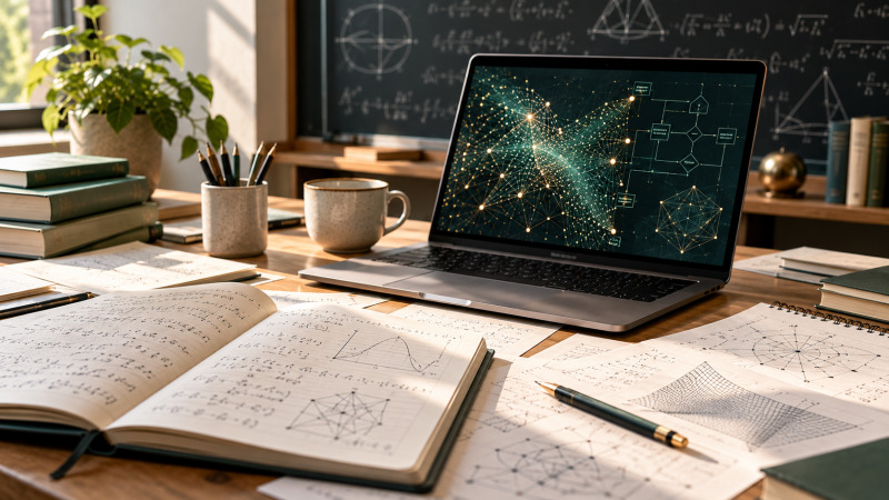 Cuaderno con fórmulas matemáticas y una pantalla con estructuras lógicas abstractas que simbolizan la verificación formal de una demostración