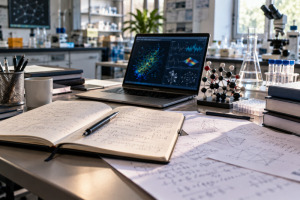 Investigadora analiza ecuaciones y resultados de un modelo de inteligencia artificial en un laboratorio científico