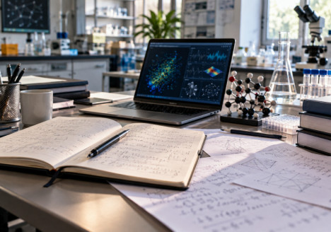 Investigadora analiza ecuaciones y resultados de un modelo de inteligencia artificial en un laboratorio científico