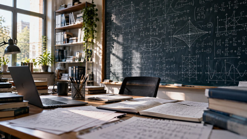 Pizarra con fórmulas matemáticas y notas de investigación en un entorno universitario