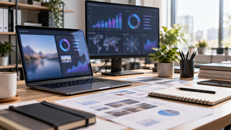 Mesa de trabajo con ordenador, documentos y herramientas digitales en un entorno profesional