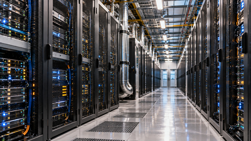 Pasillo de un centro de datos moderno con racks de servidores y sistemas de refrigeración