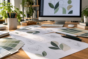 Mesa de diseño con bocetos vectoriales, muestras de color y herramientas de dibujo