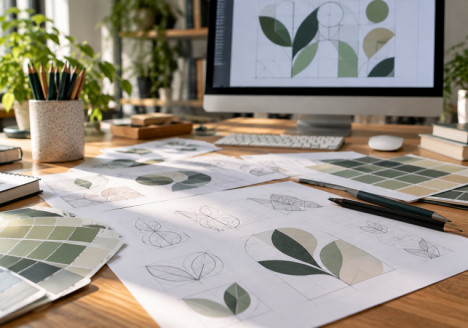 Mesa de diseño con bocetos vectoriales, muestras de color y herramientas de dibujo