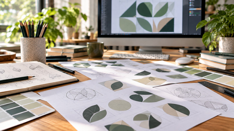 Bocetos y variantes de iconos vectoriales sobre una mesa de diseño