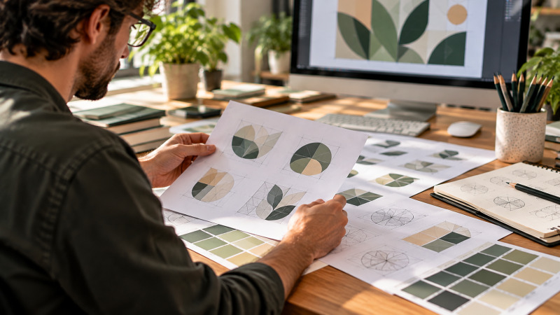 Diseñador revisando pruebas impresas y muestras de color antes de exportar archivos