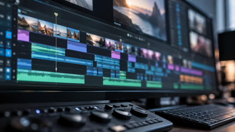 Monitor de edición de vídeo con línea de tiempo multipista abstracta