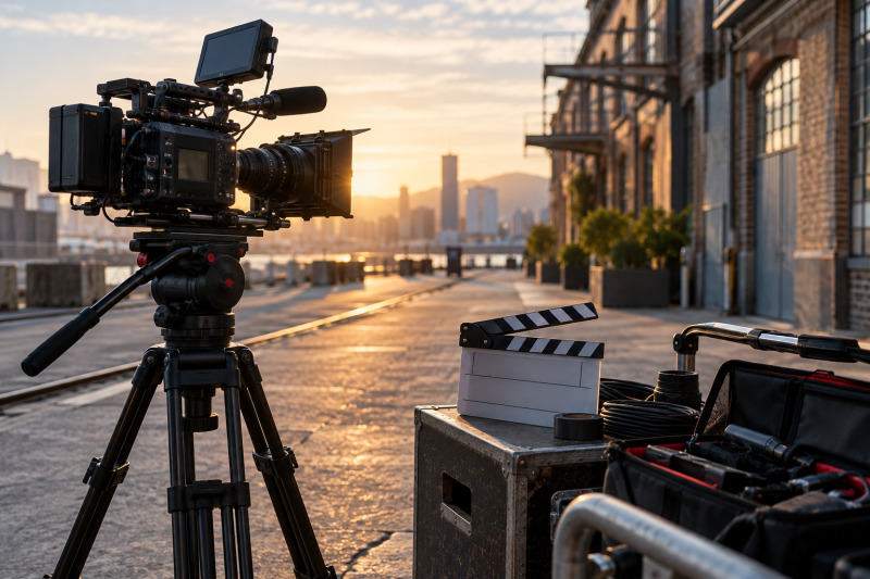 Pequeño equipo de rodaje audiovisual en una localización exterior
