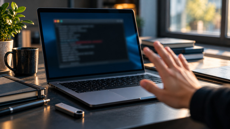 Ordenador portátil en un escritorio mostrando una terminal abstracta desenfocada como símbolo de un engaño digital