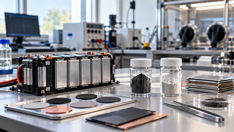 Módulo de batería de laboratorio y muestras de materiales para investigación electroquímica