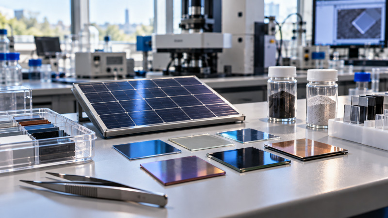 Módulo fotovoltaico de laboratorio junto a muestras de capas finas y materiales semiconductores