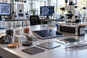 Muestras de materiales nanocristalinos en un laboratorio de investigación energética junto a una celda solar y un pequeño módulo de batería