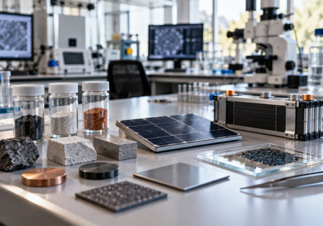 Muestras de materiales nanocristalinos en un laboratorio de investigación energética junto a una celda solar y un pequeño módulo de batería