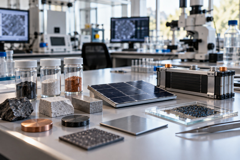 Muestras de materiales nanocristalinos en un laboratorio de investigación energética junto a una celda solar y un pequeño módulo de batería