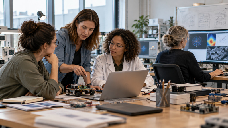 Equipo diverso de mujeres científicas e ingenieras colaborando ante un monitor en un laboratorio moderno