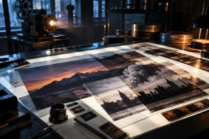 Fotogramas de paisaje y humo preparados para una composición de efectos visuales sobre una mesa de revisión cinematográfica