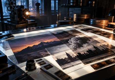 Fotogramas de paisaje y humo preparados para una composición de efectos visuales sobre una mesa de revisión cinematográfica