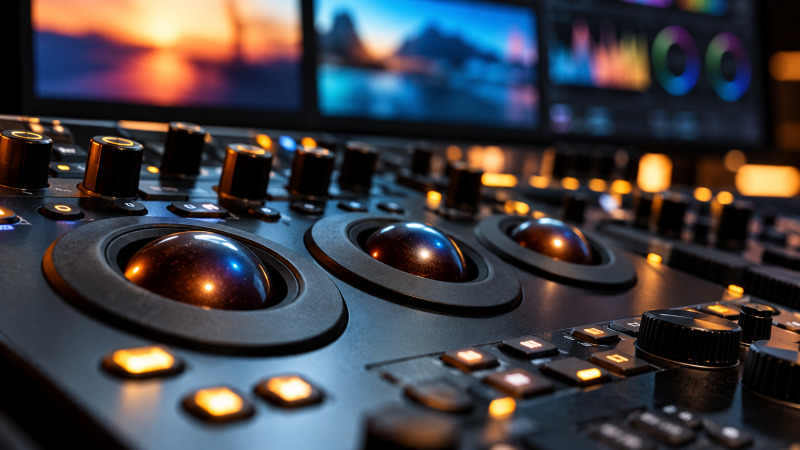Detalle de una consola física de control cromático para etalonaje de vídeo