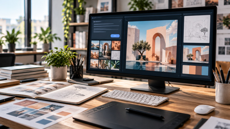 Monitor con bocetos sencillos y referencias visuales que orientan una composición generada con IA