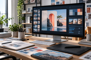Puesto de trabajo de diseño con un monitor que muestra una composición visual abstracta generada con inteligencia artificial