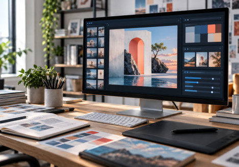 Puesto de trabajo de diseño con un monitor que muestra una composición visual abstracta generada con inteligencia artificial