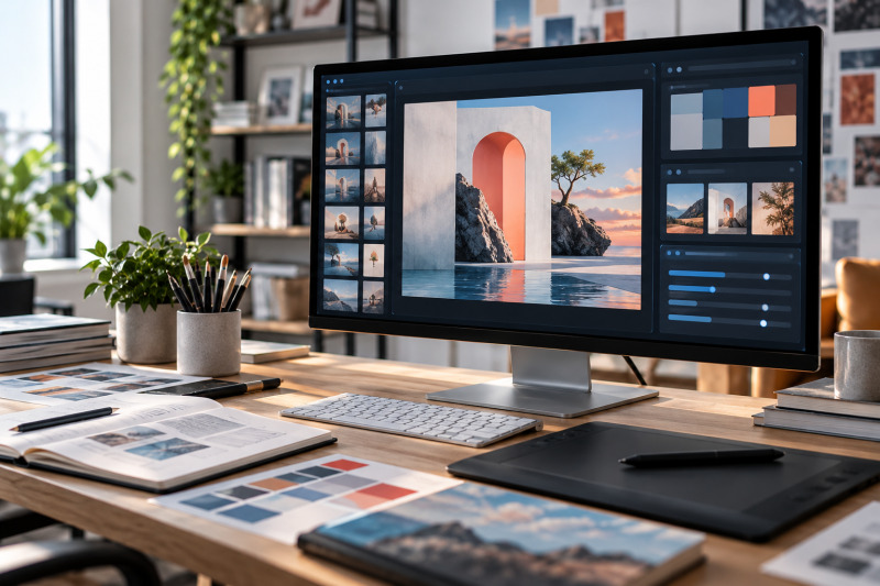 Puesto de trabajo de diseño con un monitor que muestra una composición visual abstracta generada con inteligencia artificial