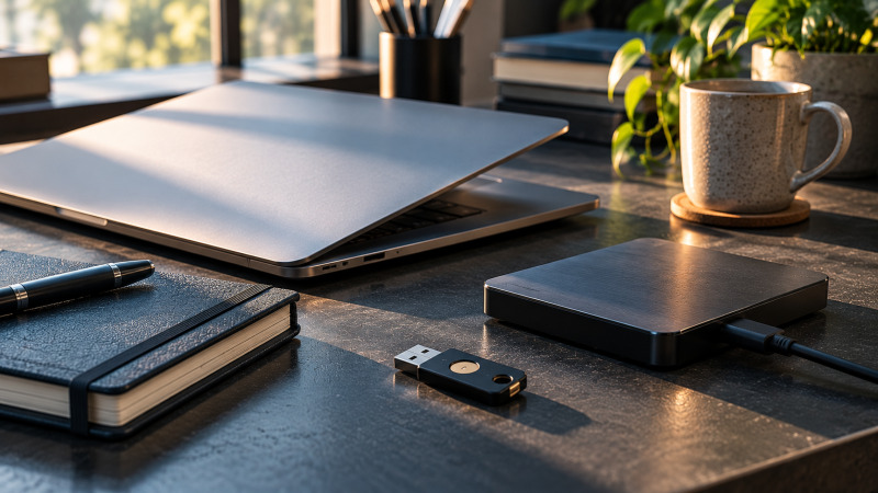 Espacio de trabajo ordenado con portátil, unidad de copia de seguridad y libreta para representar la protección de un Mac