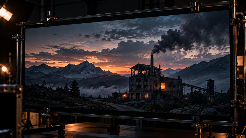 Fotograma de prueba con un paisaje montañoso, una estructura industrial y humo integrado mediante composición visual