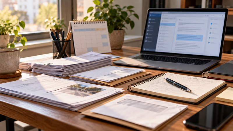 Documentos ordenados, calendario sin fechas legibles y portátil en una mesa de trabajo