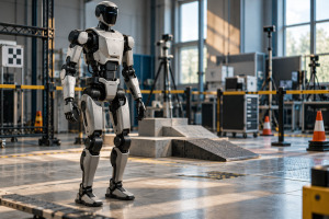 Robot humanoide de seguridad en un entorno de pruebas, con barreras y personal de evaluación fuera de foco