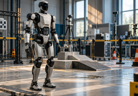 Robot humanoide de seguridad en un entorno de pruebas, con barreras y personal de evaluación fuera de foco