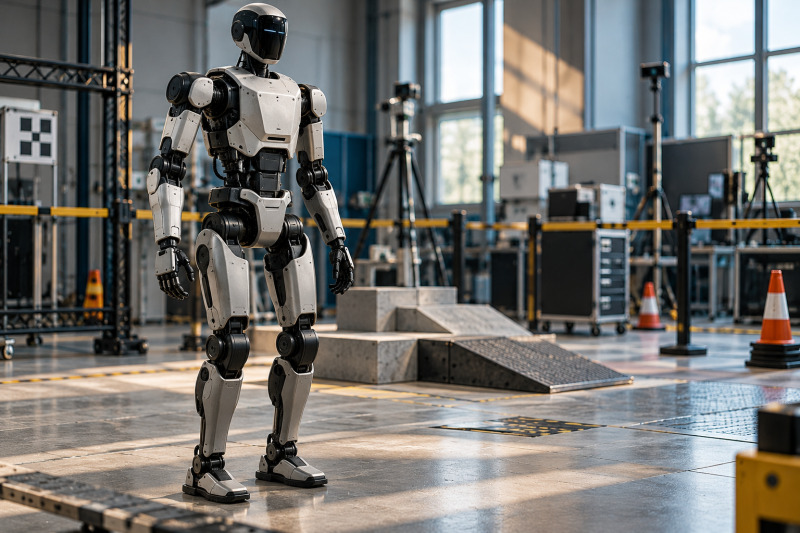 Robot humanoide de seguridad en un entorno de pruebas, con barreras y personal de evaluación fuera de foco