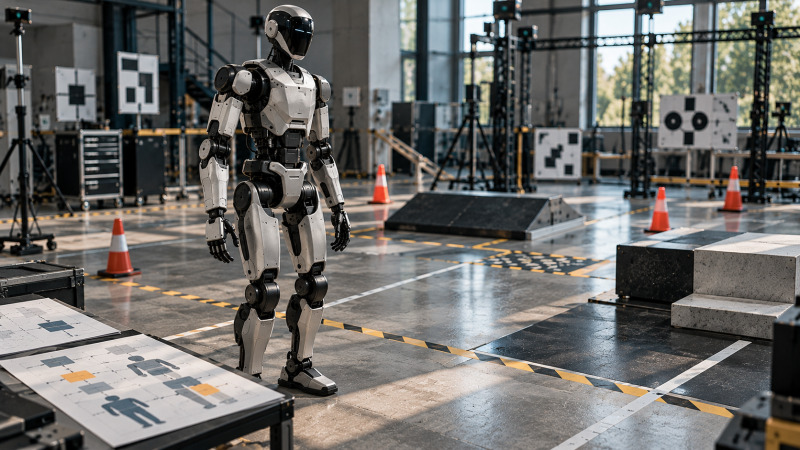 Robot humanoide en una zona de pruebas con diagramas técnicos y marcadores de evaluación