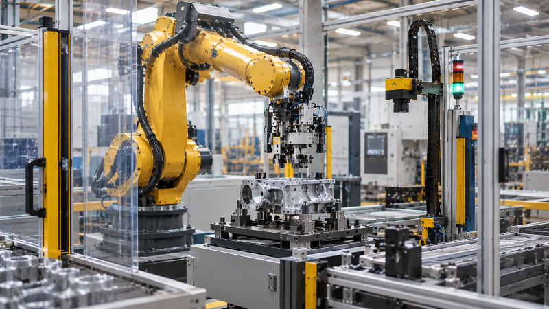 Célula de automatización industrial con robot pesado, sensores y estación de trabajo protegida