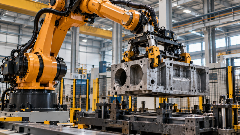 Robot industrial pesado preparado para posicionar una pieza metálica de grandes dimensiones