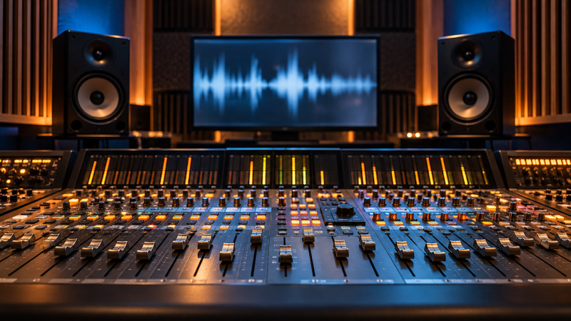 Consola de mezcla de audio en una sala de posproducción audiovisual